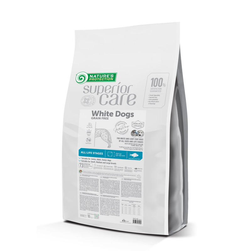 Сухий беззерновий корм Nature's Protection (Нейчер Протекшн) Superior Care White Dogs Grain Free White Fish All Sizes & Life Stages для собак усіх розмірів і стадій життя з білим забарвленням шерсті та білою рибою, 17 кг