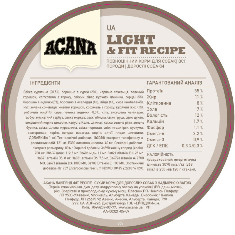 Сухий корм Acana Акана Light & Fit Recipe для собак з надмірною вагою курча з індичкою